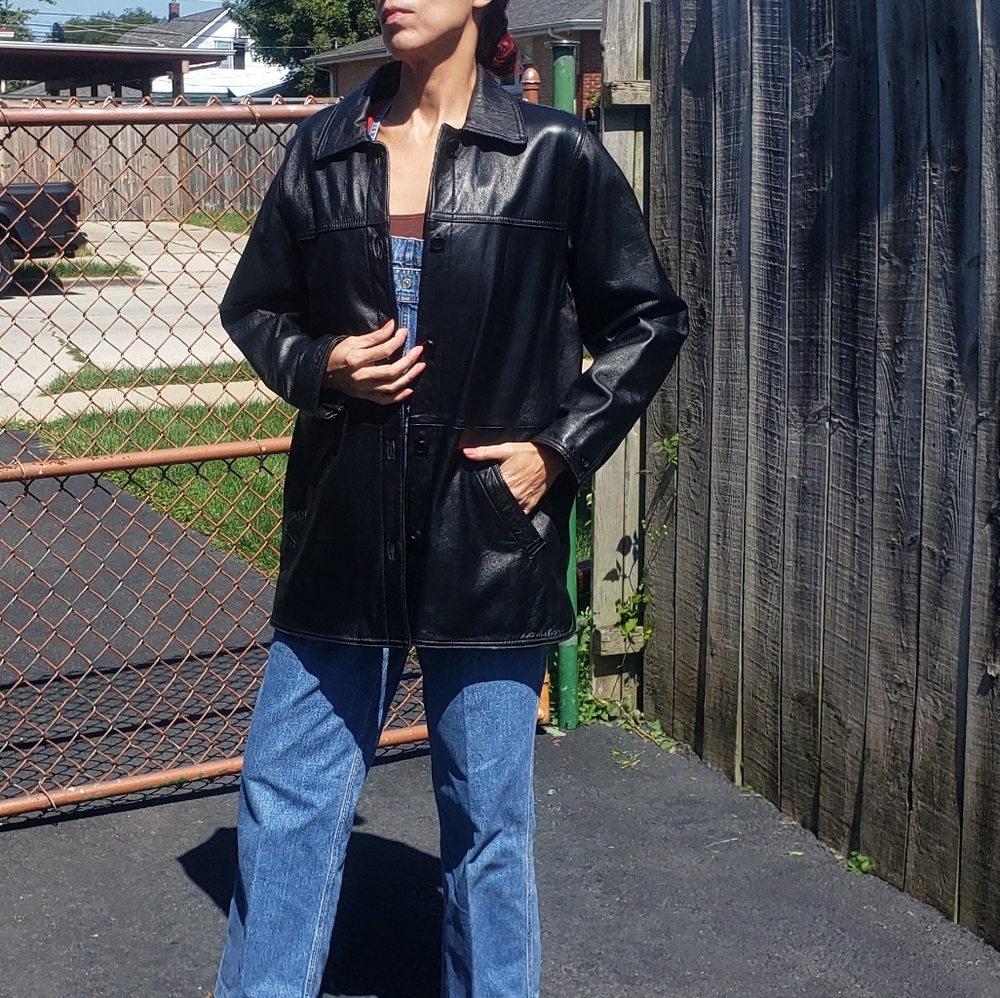 Centigrade Vtg Leather Shirt Jacket Black Leather Button Up Blazer Size M
